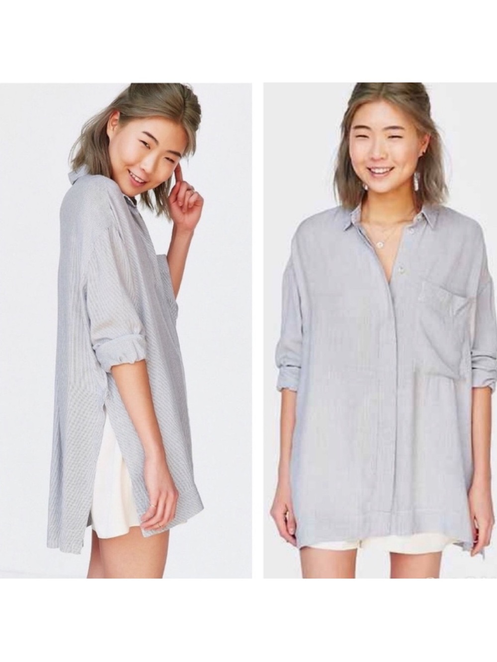 bdg urban outfitters striped logan button down top gray white side slit small